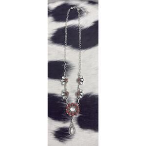 Native American Sterling Silver Red Coral Mother Of Pearl Half Cluster Necklace